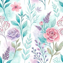 Pastel Watercolor Floral Seamless Pattern Design Pretty Botanical Roses Flowers Background art pink 