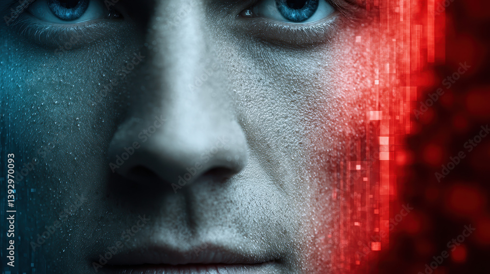 Poster digital identity theft represented through fragmented avatars and glitch effects in a neon-lit hacke