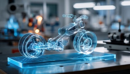 Obraz premium Futuristic holographic motorcycle design in a modern laboratory.