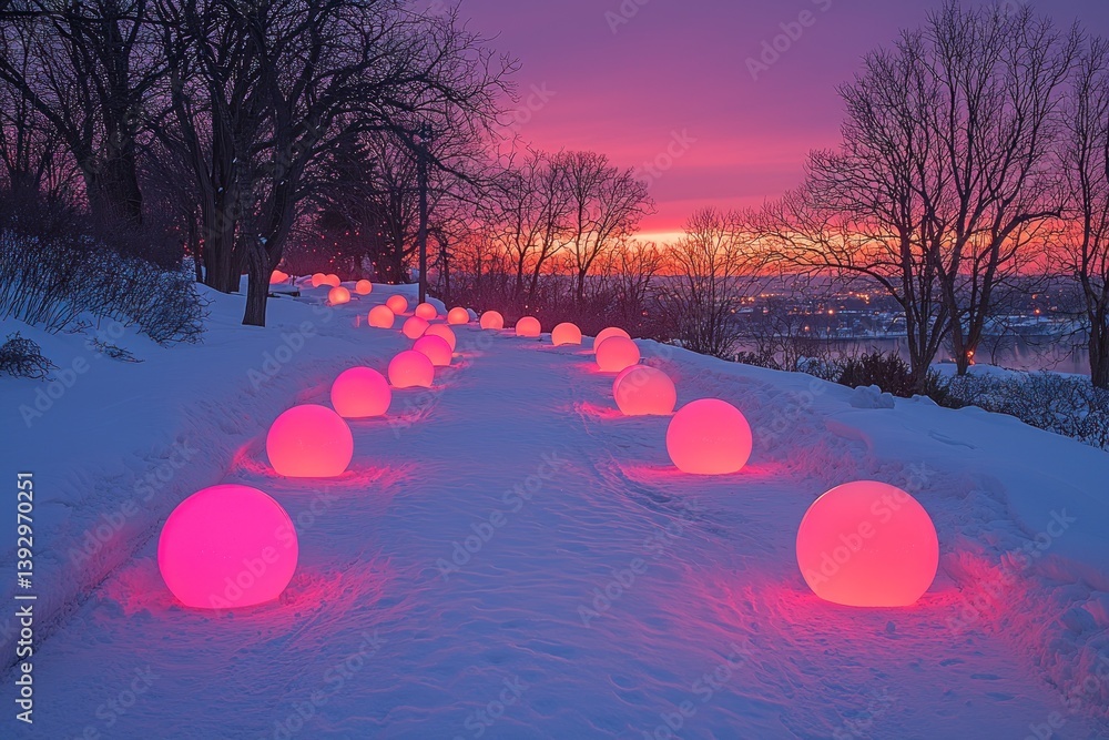 Poster enchanting luminous spheres illuminate a snowy path at twilight serenity