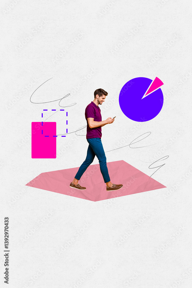 Poster creative surreal collage of young guy walk use gadget on white background with graphs