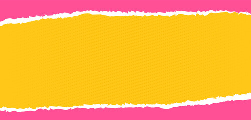 Vector illustration of pop art style background with torn paper effects. Trendy halftone modern banner design with space for text in pink and yellow color.