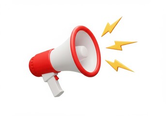 Red and white megaphone with lightning icons on white