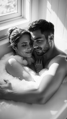 Fototapeta premium Monochrome image of a bathtub filled with foam. In the bathtub, a woman and a man in love are embracing