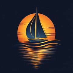 Sailboat gliding across tranquil waters at sunset with vibrant orange hues reflecting on the waves