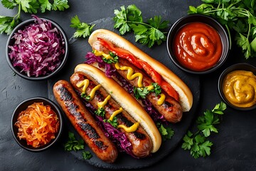 Delicious grilled hot dogs with various toppings and side dishes