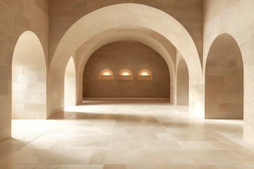 Minimalist architectural backdrop, limestone walls and elegant arched passageways with concealed lighting.