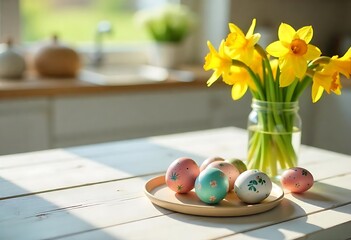Easter eggs and spring flowers on white table over blurry kitchen window background
