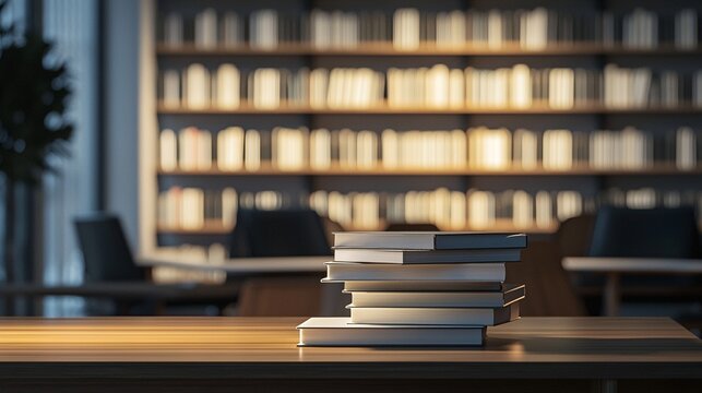 Stacked Books on a Wooden Table with Ample Negative Space for Text Overlay - Powered by Adobe