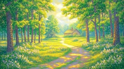 Naklejka premium A serene landscape featuring a winding path through trees leading to a cozy cottage.