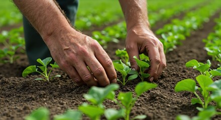 Farmer planting seedlings in a vibrant green field  
