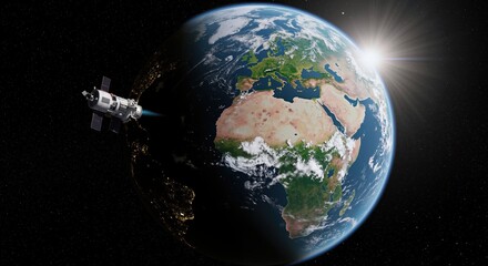 Fototapeta premium Satellite orbiting Earth with sunrise in the background 