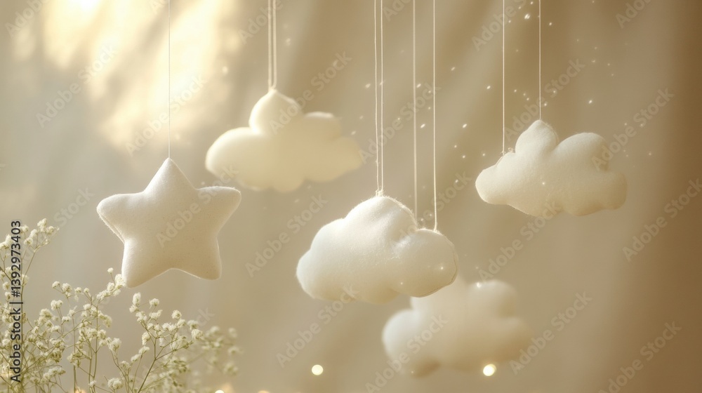Poster Delicate stars and clouds suspended in soft nursery decor create a calming and whimsical atmosphere for a childs room