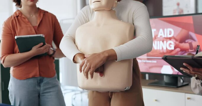 People, hands or mannequin for CPR lesson for rescue safety, demonstration class or education. Body dummy, pointing or paramedic in presentation for medical emergency, learning procedure or first aid