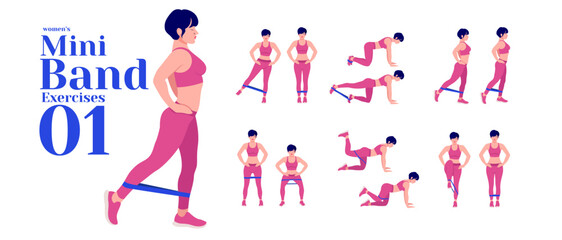 Women Mini Band-Workout Set. Women doing fitness and yoga exercises. Lunges, Pushups, Squats, Dumbbell rows, Burpees, Side planks, Sit ups, Glute bridge, Leg Raise, Russian Twist, Side Crunch .etc