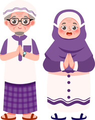 Elderly Muslim Couple in Traditional Attire, Hands Pressed Together in Prayer