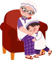 Grandfather and Grandson in Traditional Clothing Sharing a Tender Moment on Armchair