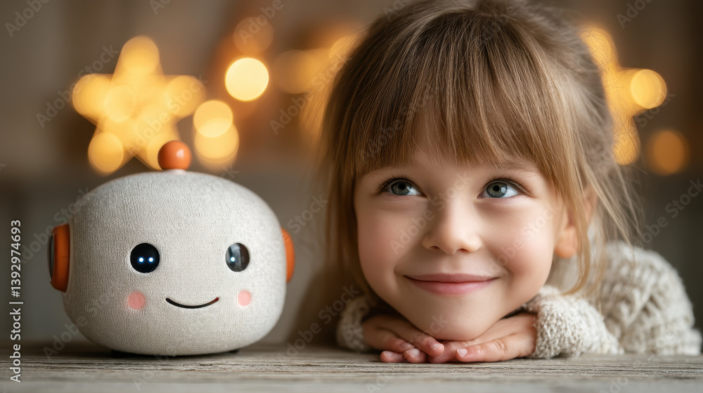 Poster child engages in interactive learning with a friendly voice assistant robot in a warm educational en