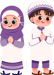 Adorable Muslim Children in Traditional Clothing, Greeting Gesture