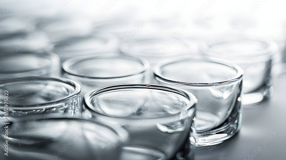 Poster glassware array: a close-up showcases a pristine array of transparent glassware, embodying purity an
