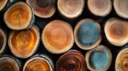 A collection of diverse wooden log slices grouped together reveals unique textures, colors, and rings, making it ideal for nature-inspired projects or eco-friendly themes.