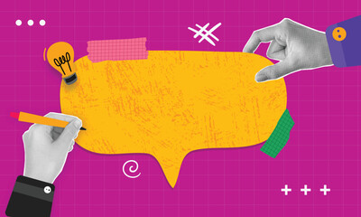 Social media communication. Contemporary art. Trendy Halftone Collage Hand holding speech bubble message.