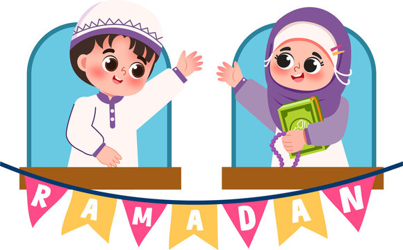 muslim kids waving ramadan banner cartoon clip art preview