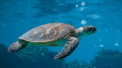 Obraz premium A serene underwater image shows a green sea turtle gliding through blue water. Bubbles surround the turtle, which is the focus of the image.