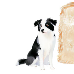 Fototapeta premium Watercolor Border Collie Illustration: Cute Black and White Dog Portrait Sitting