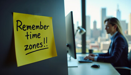 Sticky note reading "Remember time zones!!" on a computer screen with a businessman working at a desk for global business, time management, and remote work coordination