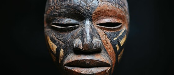 Ornate wooden mask with dark and light tones against a black background.