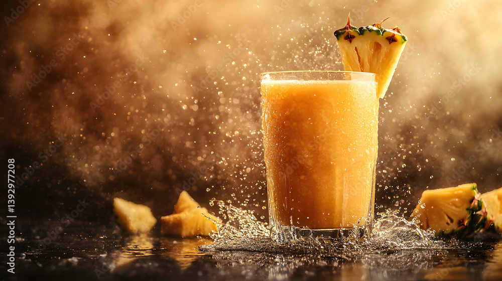 Poster tropical splash: a refreshing pineapple juice creation explodes with invigorating vitality, capturin