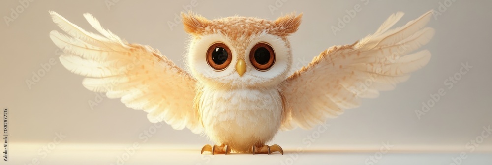 Poster cute owl with wings spread calmly on white background showcasing soft feathers and detailed eyes in 