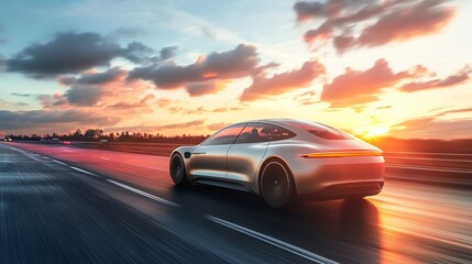Driving Electric Car on Highway at Sunset with Motion Blur