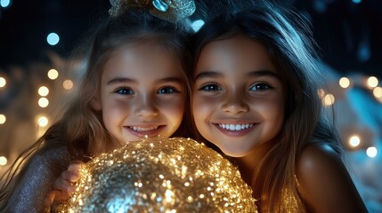 Naklejka premium Two young girls, smiling, sharing a glowing orb, in a soft, festive setting