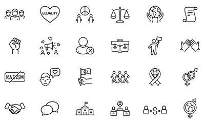 Outline icon set focused on racial equality and inclusion. Icons include unity, justice, anti-racism, and diversity symbols. Modern editable stroke design.