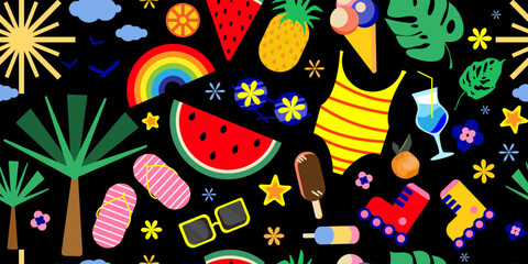 Vibrant summer seamless pattern with tropical fruits, swimsuit, ice cream, colorful beach icons, ideal for summer party invitations, textile prints, wrapping paper, web, packaging,wallpapers.Vector