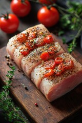 Raw Meat and Tomatoes on Cutting Board