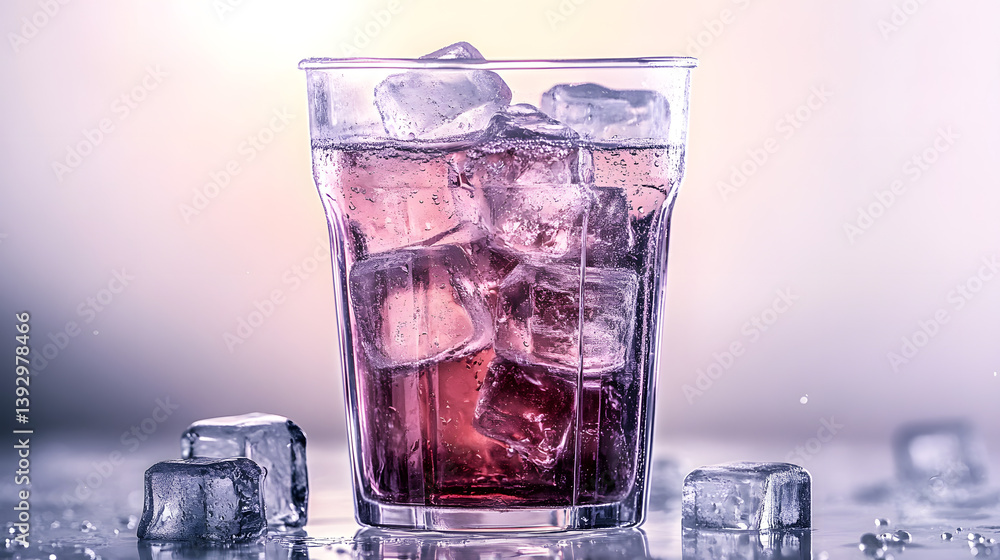 Poster sparkling ice delight: a close-up shot showcasing a refreshing glass of beverage, filled with ice cu