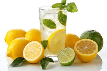 Refreshing lemonade with lemon and lime on white background, close-up