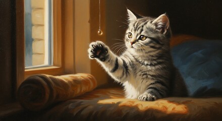 Cute Tabby Kitten Playfully Reaching for Hanging Toy Near Window