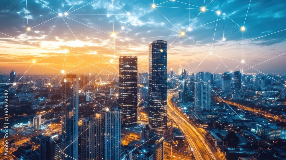 Poster cityscape with digital overlay representing interconnected global networks