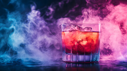 A Cocktail Dream: A richly hued cocktail, infused with ice, resting on a dark surface, is shrouded in a cloud of color, evoking an air of mystery and vibrant atmosphere.