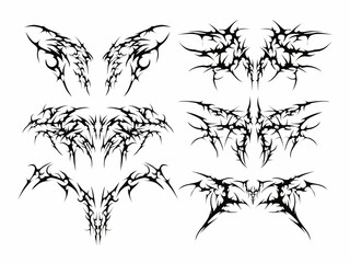 Set of neo tribal Tattoo. cyber sigilism symmetrical shapes. Cyber ​​Gothic Element streetwear vector design pattern in Abstract black isolated on White background
