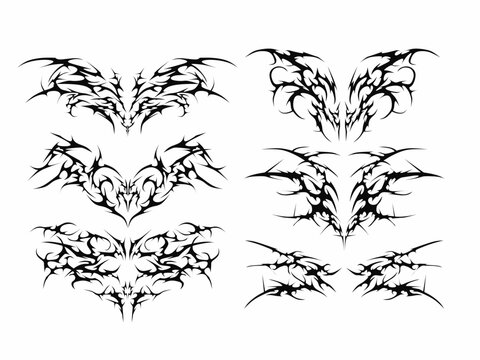 Set of neo tribal Tattoo. cyber sigilism symmetrical shapes. Cyber ​​Gothic Element streetwear vector design pattern in Abstract black isolated on White background