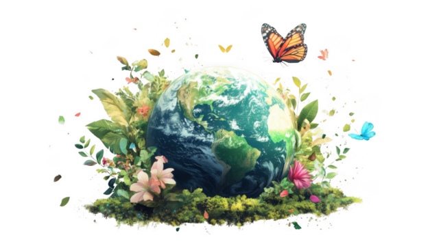Earth day illustration with globe flowers and butterfly for environmental awareness campaign