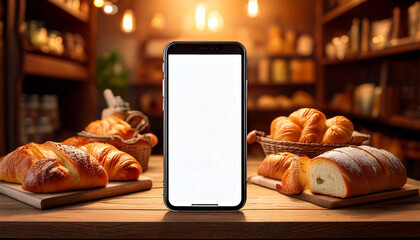 Modern smartphone with white screen standing on a wooden counter inside a bakery. Blurred background with fresh bread and pastries. Perfect for app mockups, advertising, or digital lifestyle themes.