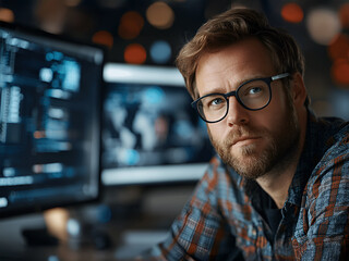 Fototapeta premium A male programmer in glasses at a computer