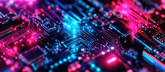 Fototapeta premium Futuristic Technology: A Vibrant Neon Illuminated Circuit Board Visualization