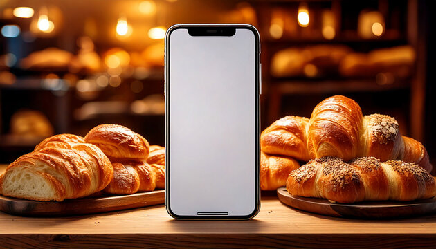 Modern smartphone with white screen standing on a wooden counter inside a bakery. Blurred background with fresh bread and pastries. Perfect for app mockups, advertising, or digital lifestyle themes.